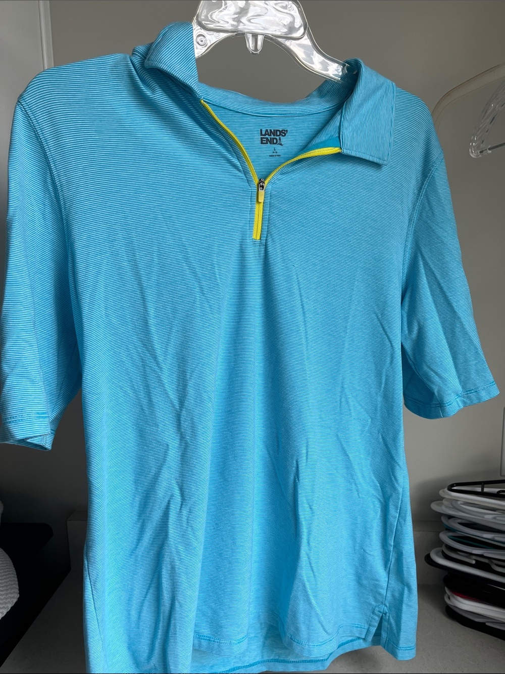 Lands' End Men's Turquoise Short-Sleeve Quarter-Zip Polo with Yellow Zip
